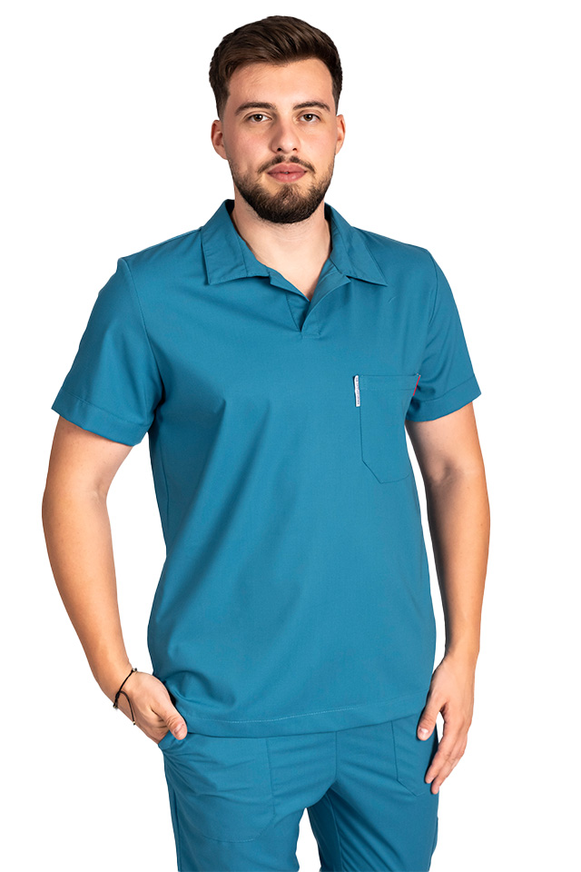 Costum medical stretch polo barbati aqua, cu bluza in V si pantaloni tip jogger, cu snur si elastic