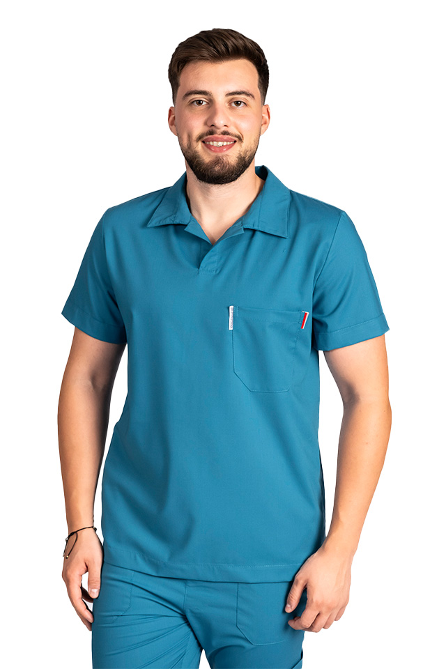 Costum medical stretch polo barbati aqua, cu bluza in V si pantaloni tip jogger, cu snur si elastic
