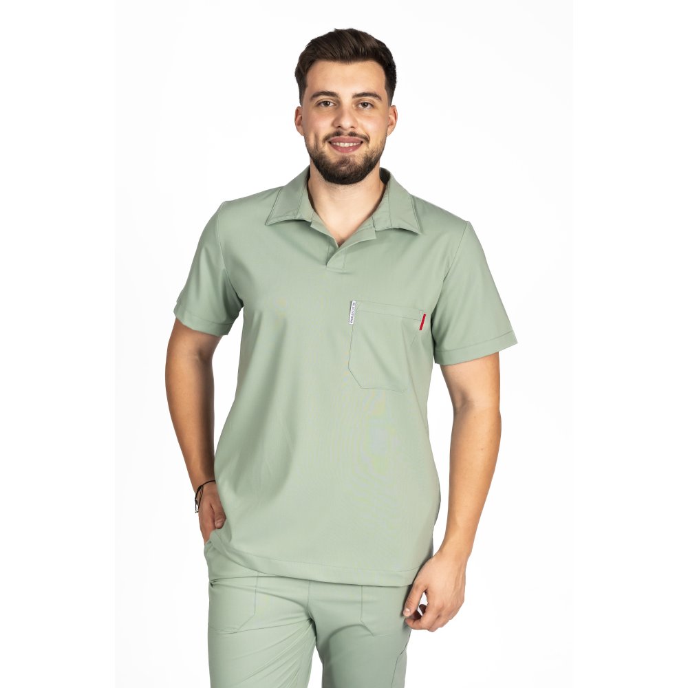Costum medical stretch polo barbati olive, cu bluza in V si pantaloni tip jogger, cu snur si elastic