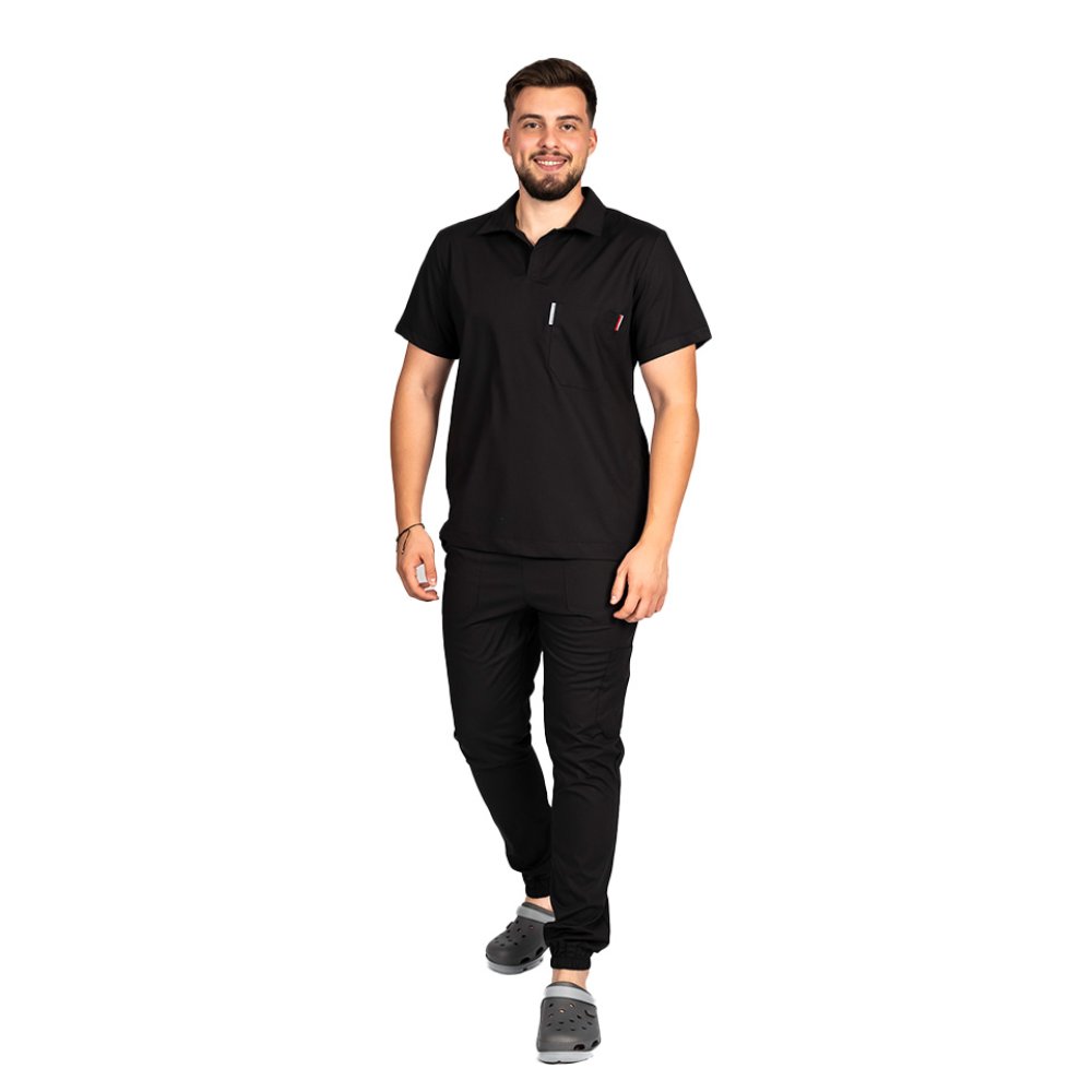 Costum medical stretch polo barbati negru, cu bluza in V si pantaloni tip jogger, cu snur si elastic