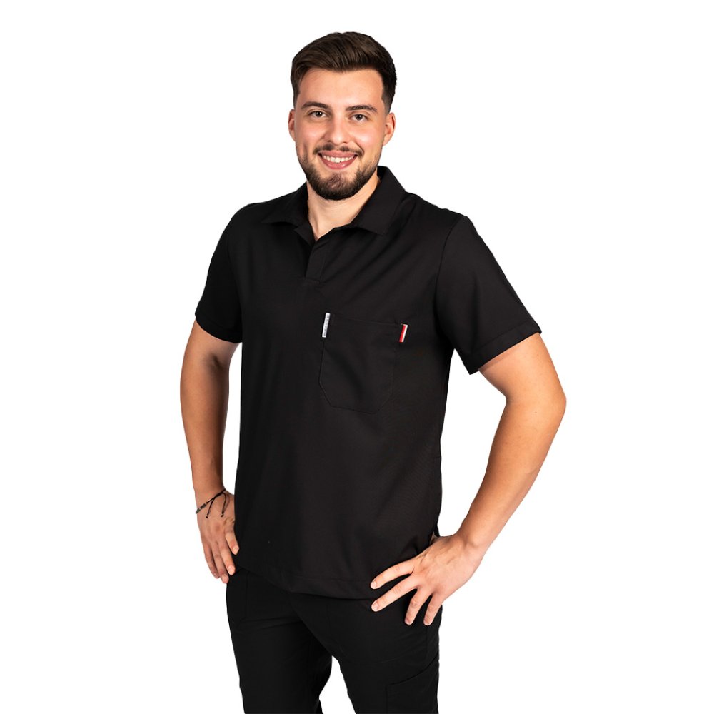 Costum medical stretch polo barbati negru, cu bluza in V si pantaloni tip jogger, cu snur si elastic