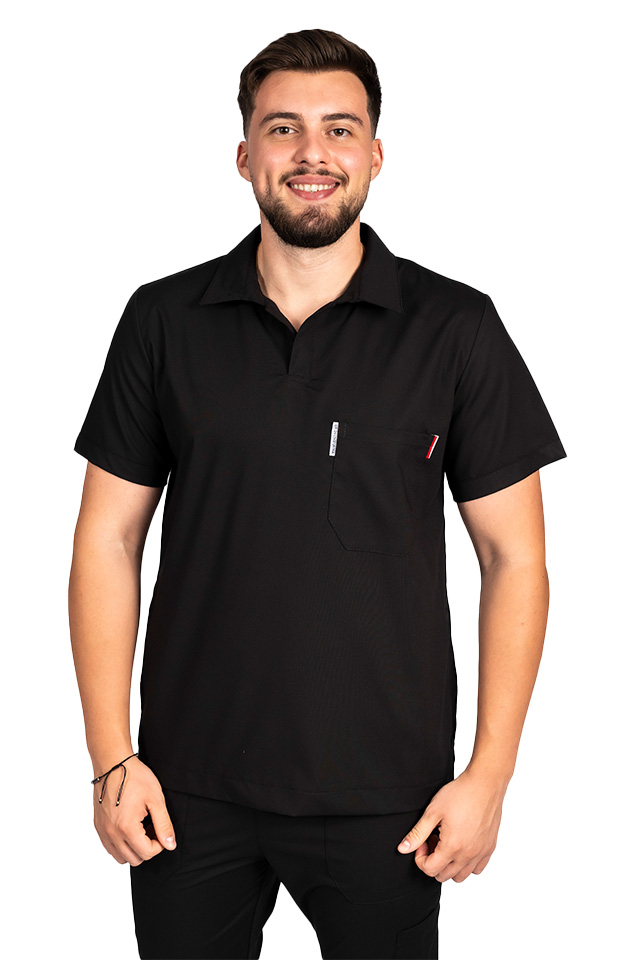 Costum medical stretch polo barbati negru, cu bluza in V si pantaloni tip jogger, cu snur si elastic