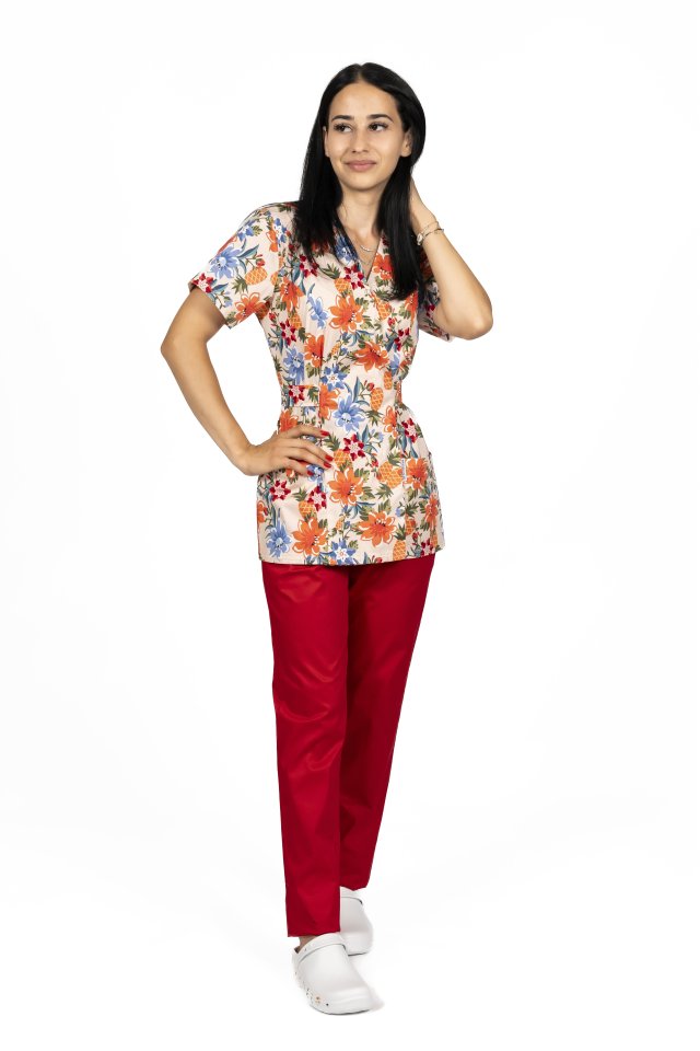 Halat medical kimono Flowers cu doua buzunare aplicate