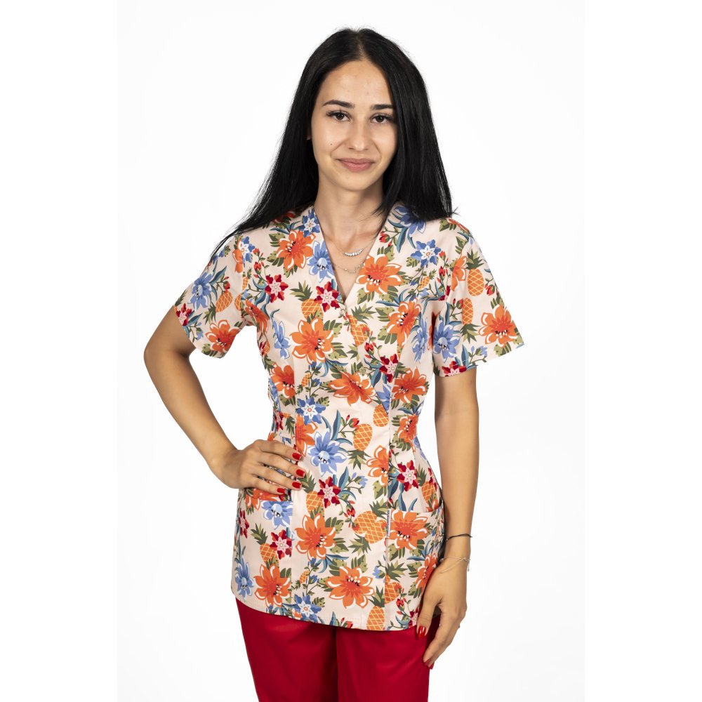 Halat medical kimono Flowers cu doua buzunare aplicate