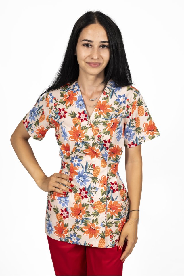 Halat medical kimono Flowers cu doua buzunare aplicate