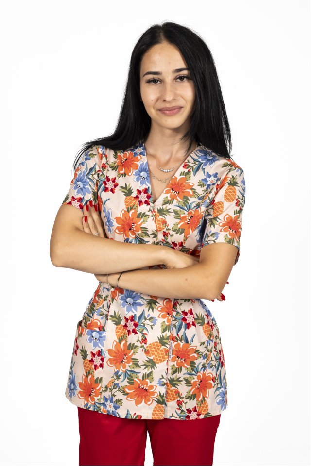 Halat medical kimono Flowers cu doua buzunare aplicate