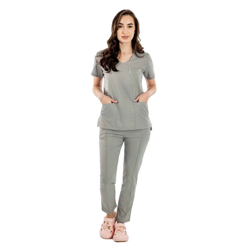 Costum medical stretch gri cu bluza in V si pantaloni cu snur si elastic