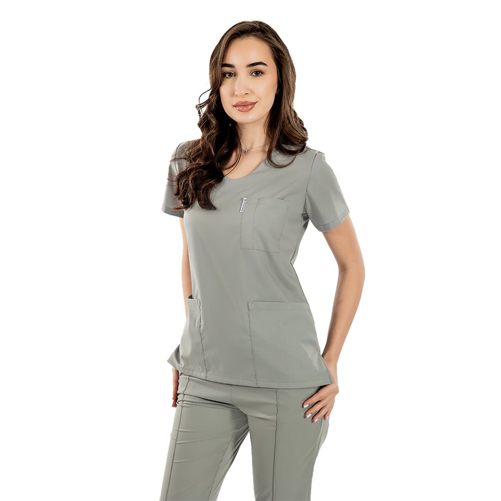 Costum medical stretch gri cu bluza in V si pantaloni cu snur si elastic