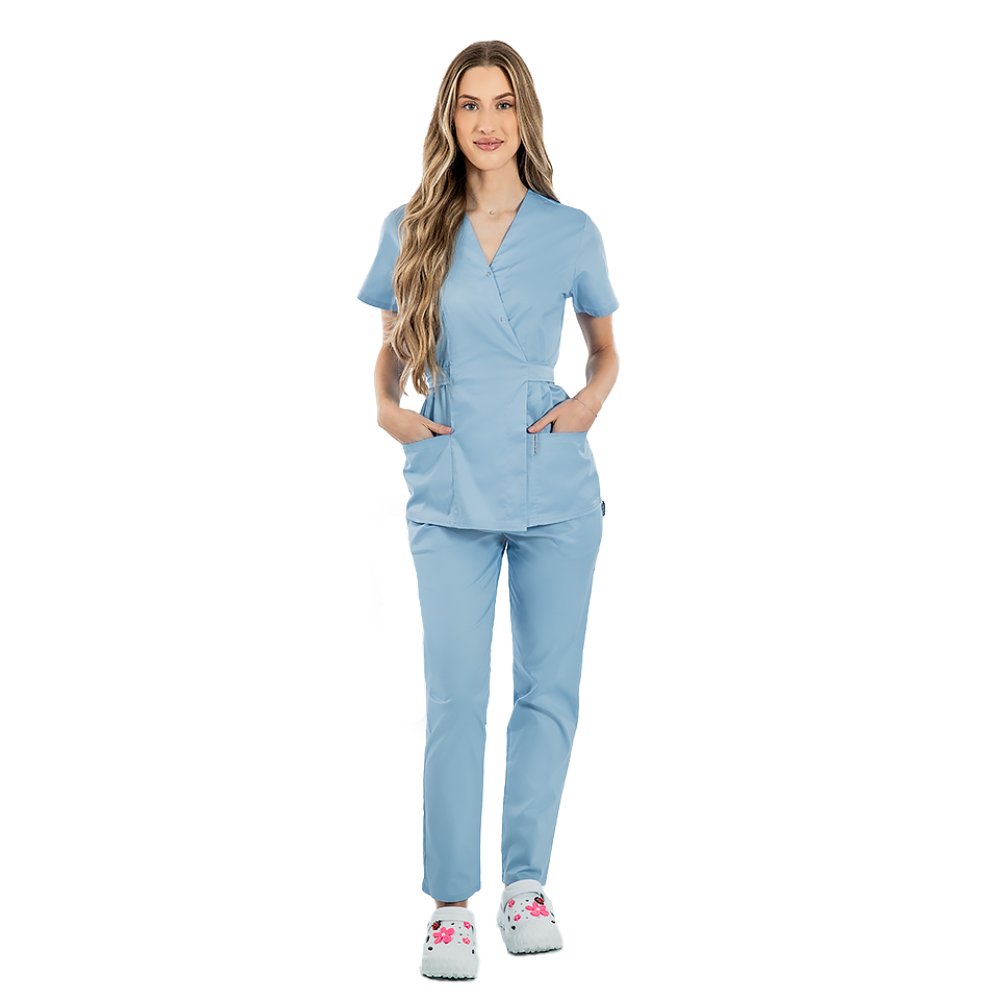 Costum medical bleu, cu elastan,  bluza tip kimono si pantaloni cu snur in talie