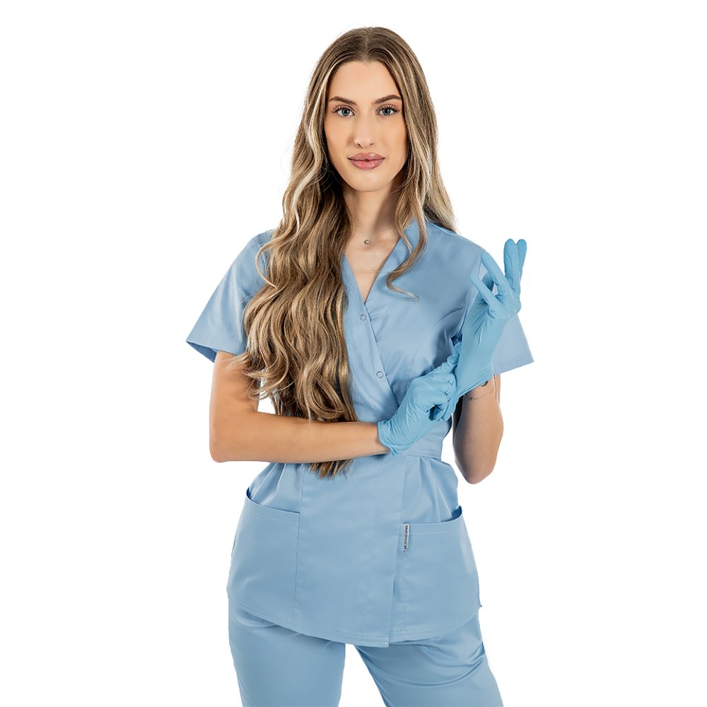 Halat medical kimono bleu, cu elastan si doua buzunare aplicate