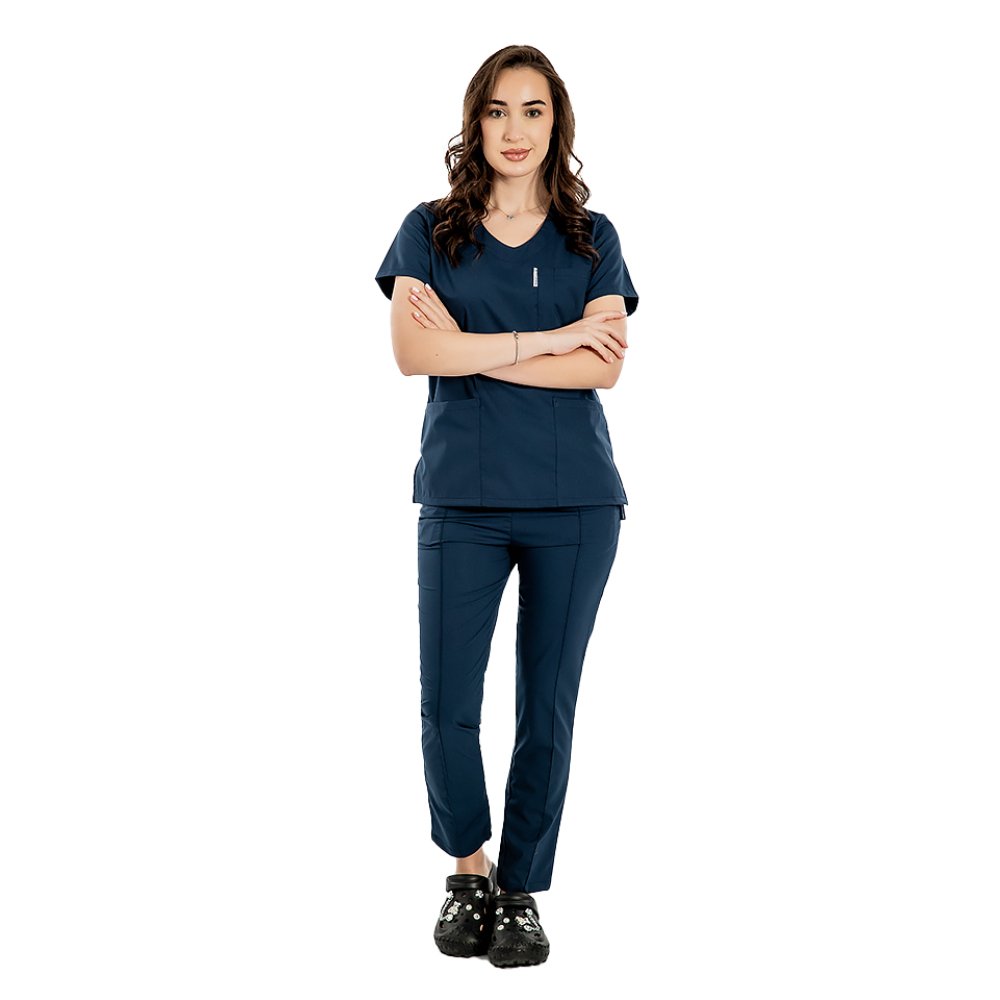 Costum medical stretch bleumarin cu bluza in V si pantaloni cu snur si elastic