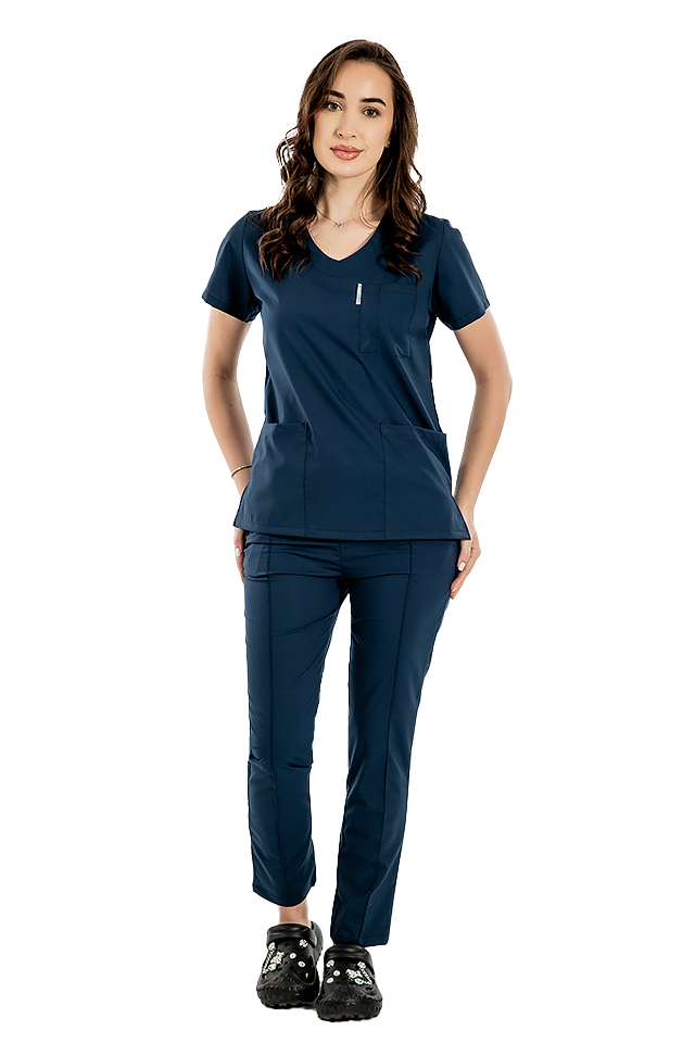Costum medical stretch bleumarin cu bluza in V si pantaloni cu snur si elastic
