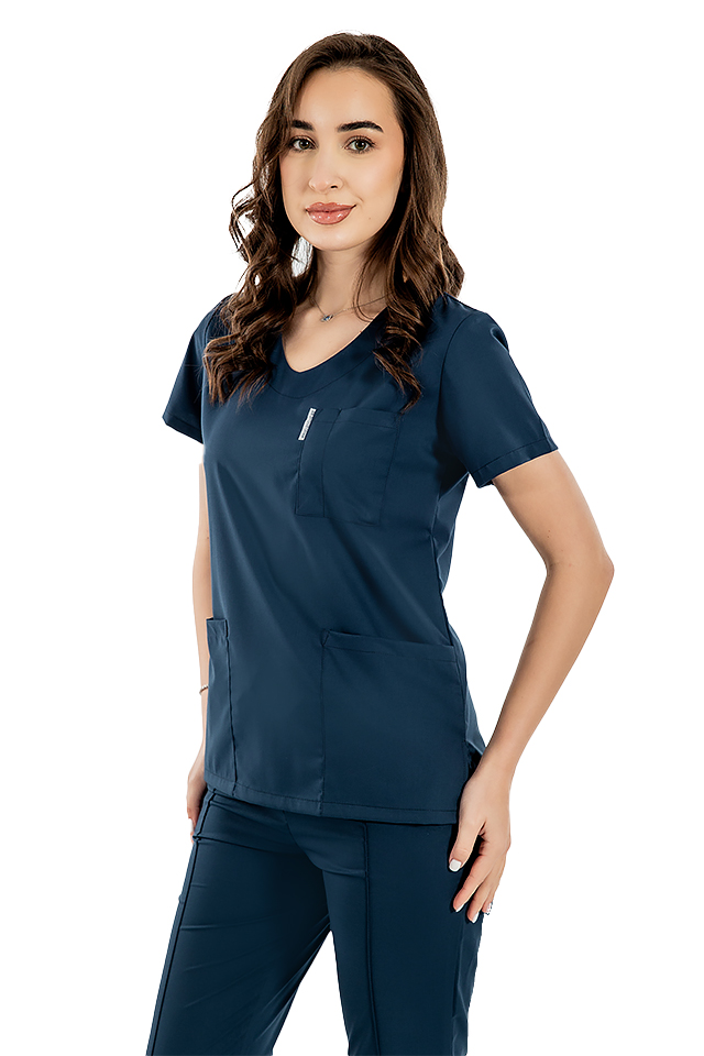 Costum medical stretch bleumarin cu bluza in V si pantaloni cu snur si elastic