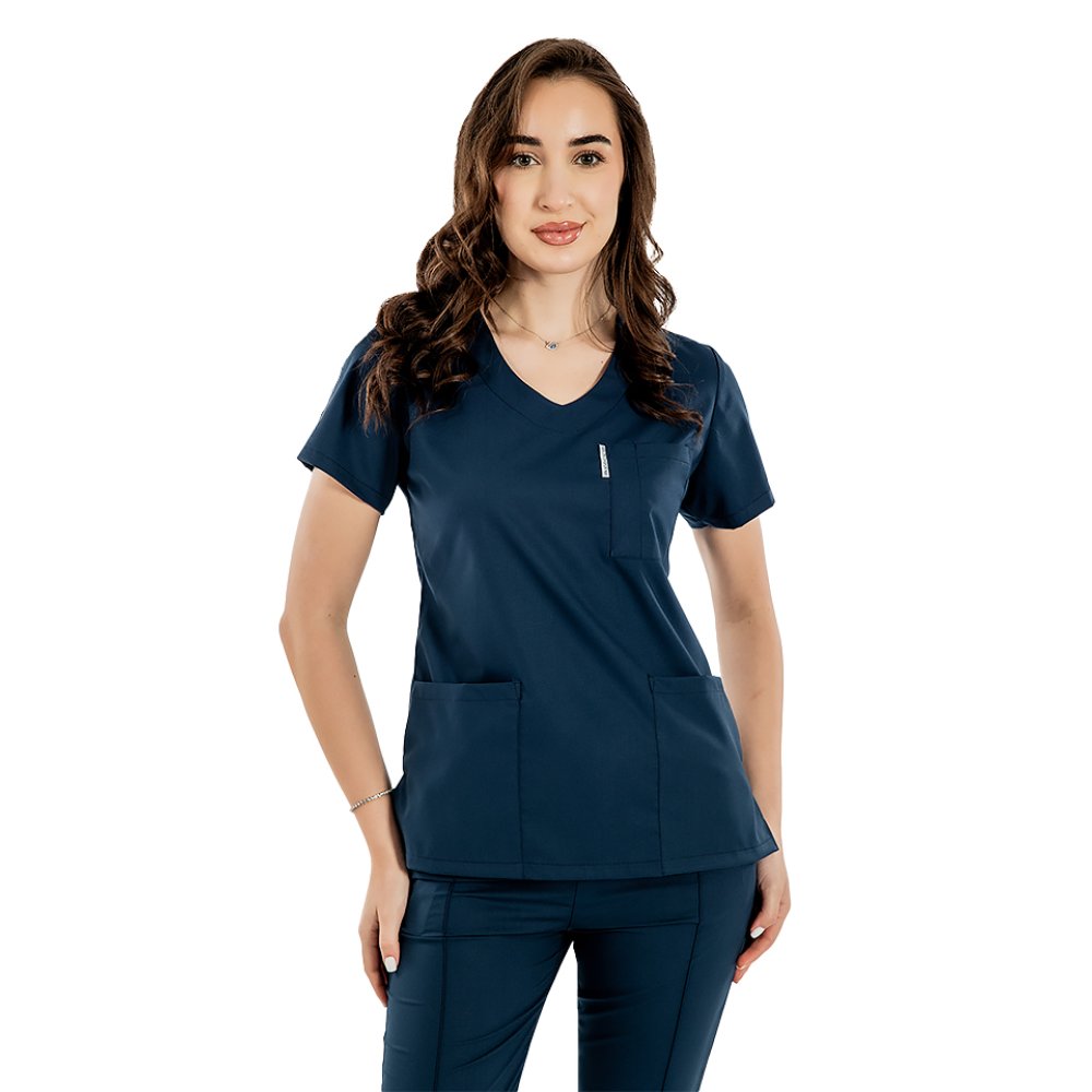 Costum medical stretch bleumarin cu bluza in V si pantaloni cu snur si elastic