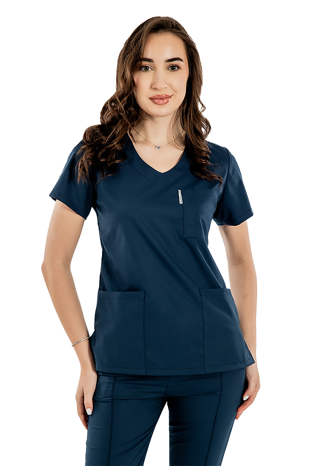 Costum medical stretch bleumarin cu bluza in V si pantaloni cu snur si elastic