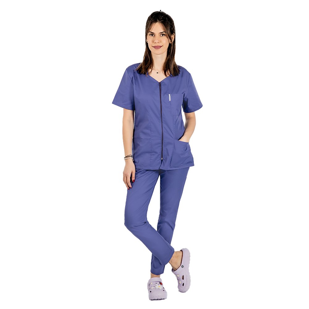 Halat medical mov cu fermoar cambrata cu doua buzunare aplicate