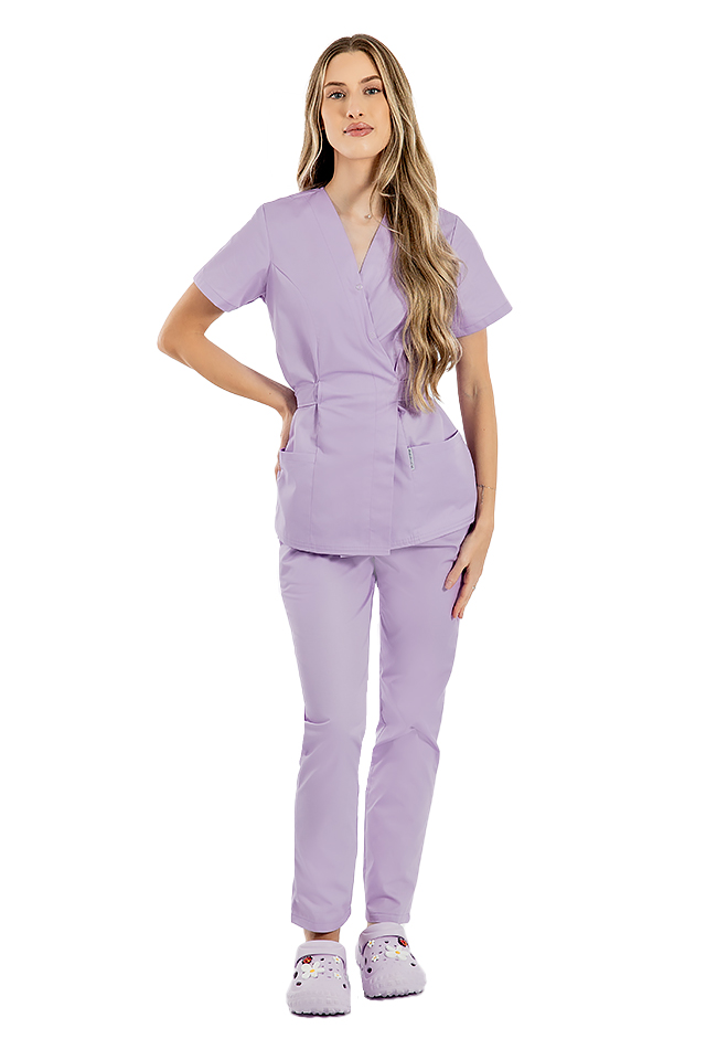 Halat medical kimono lila cu doua buzunare aplicate