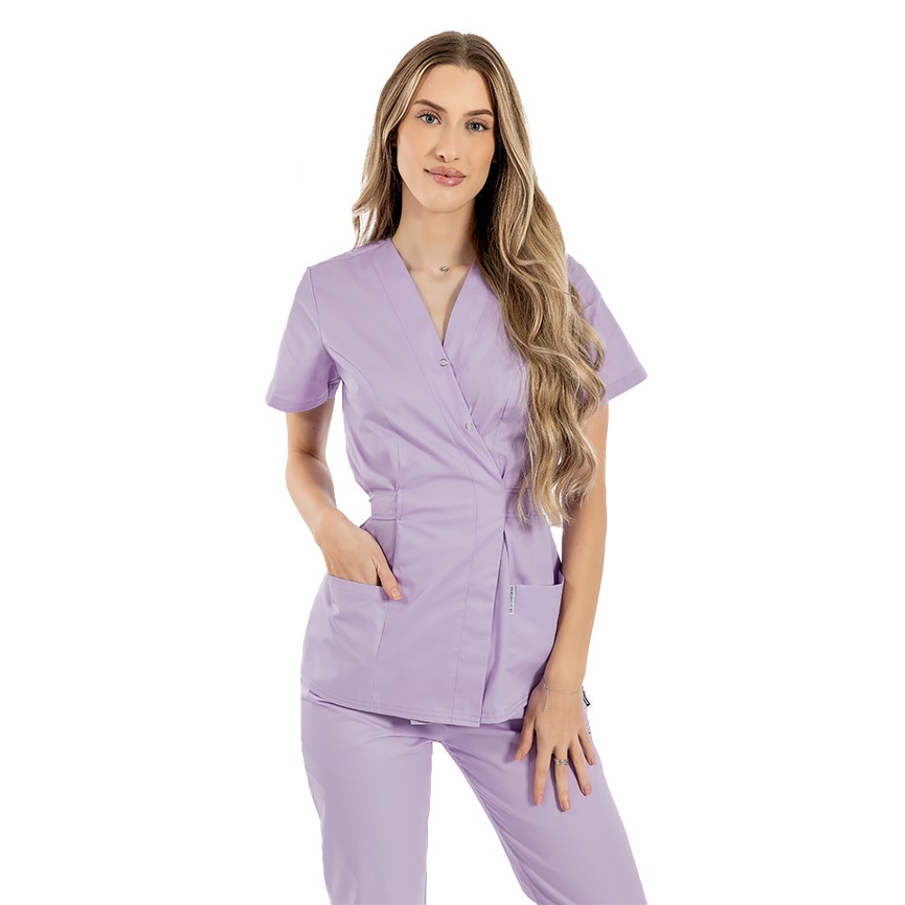 Halat medical kimono lila cu doua buzunare aplicate