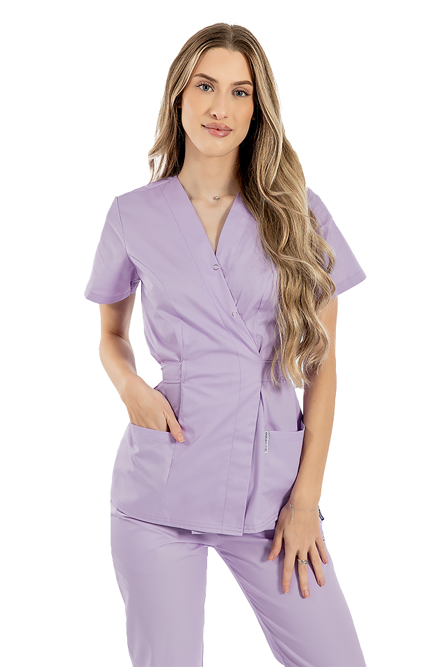 Halat medical kimono lila cu doua buzunare aplicate
