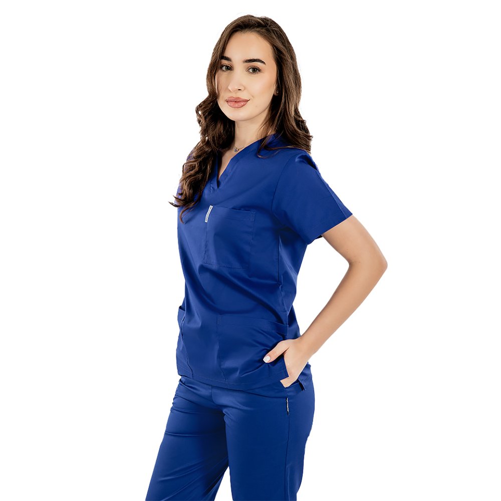 Halat medical albastru cu anchior in forma V si trei buzunare aplicate