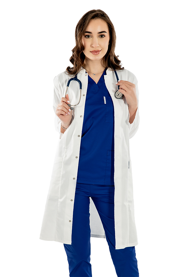 Halat medical alb, unisex, cu guler tip tunica si trei buzunare si maneca lunga