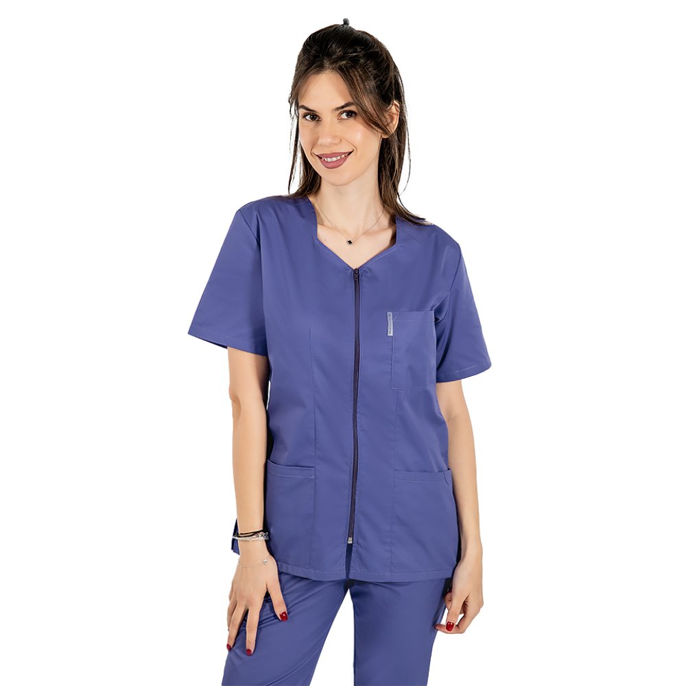 Halat medical mov cu fermoar cambrata cu doua buzunare aplicate