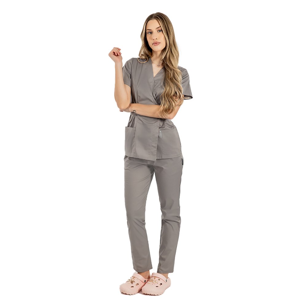 Costum medical gri, cu elastan, bluza tip kimono si pantaloni cu snur in talie