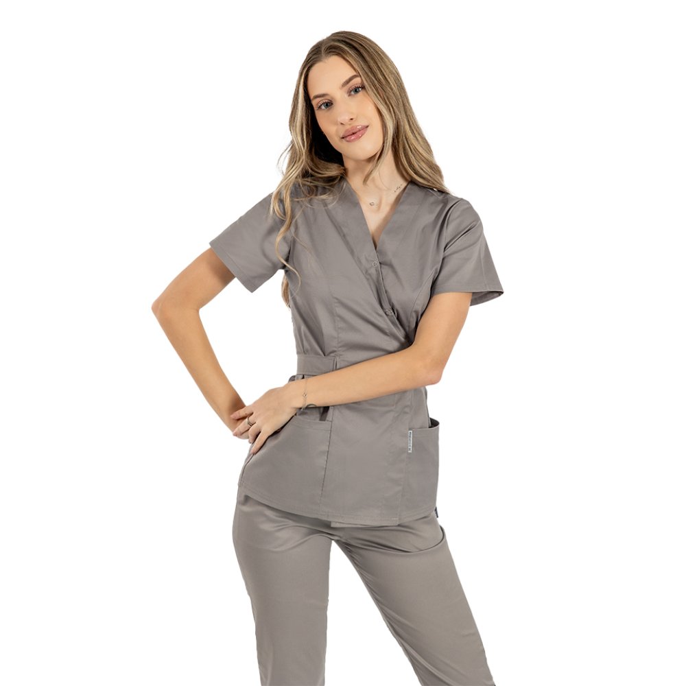 Halat medical kimono gri, cu elastan si doua buzunare aplicate