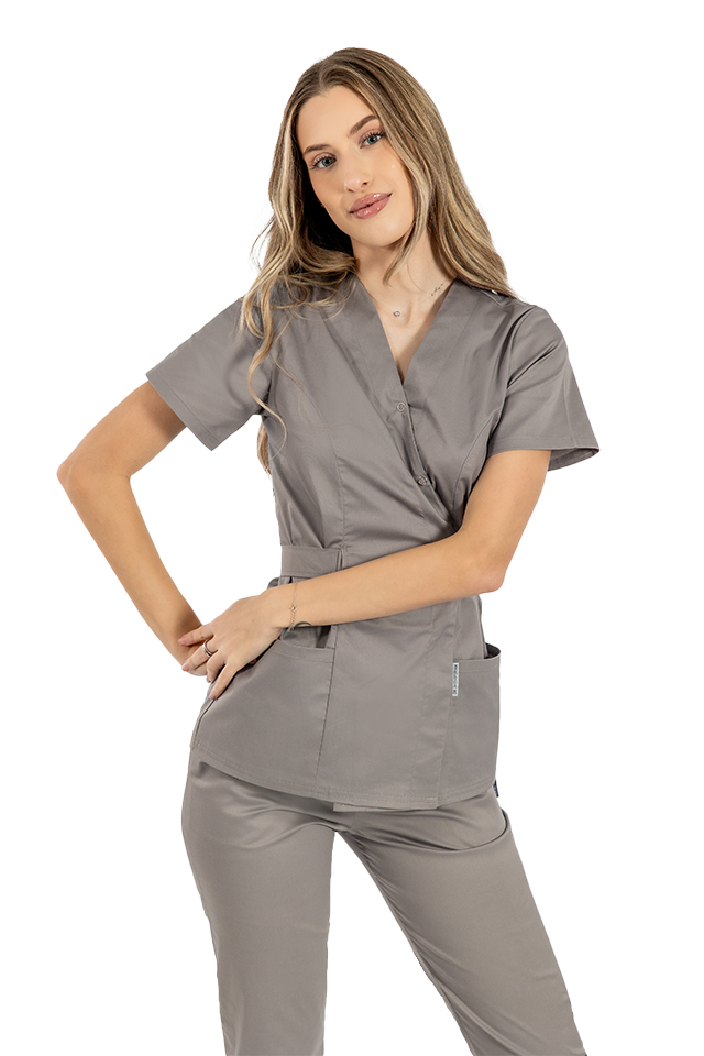 Halat medical kimono gri, cu elastan si doua buzunare aplicate