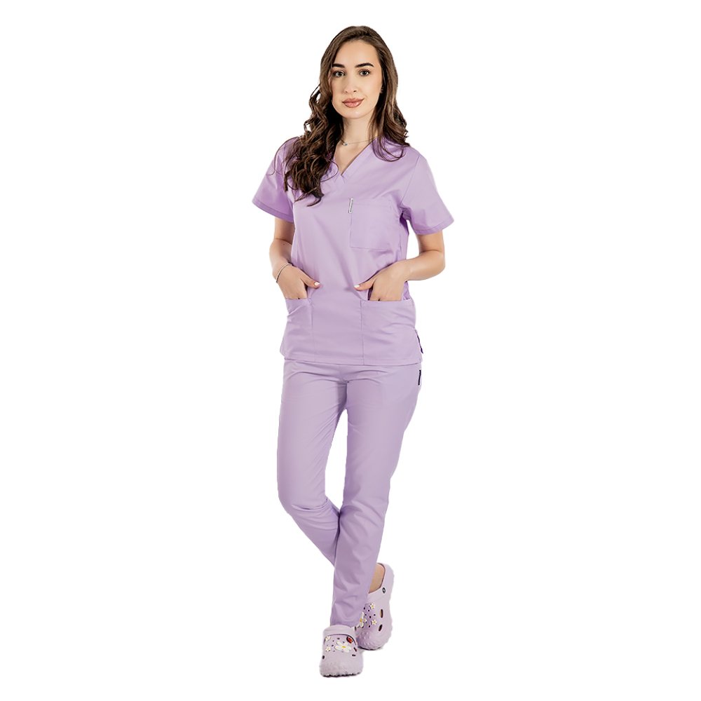 Halat medical lila cu anchior in forma V cu trei buzunare aplicate