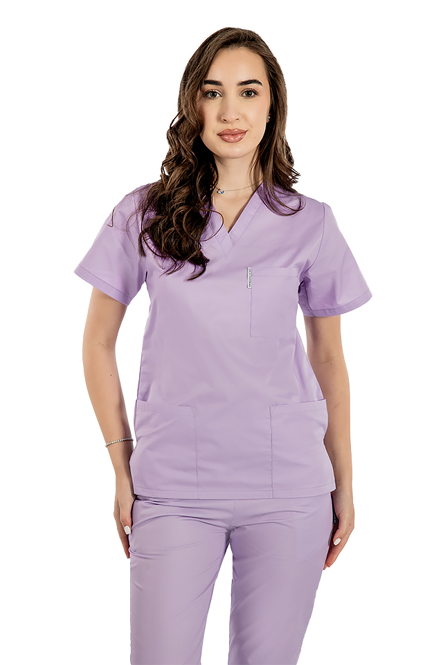 Halat medical lila cu anchior in forma V cu trei buzunare aplicate