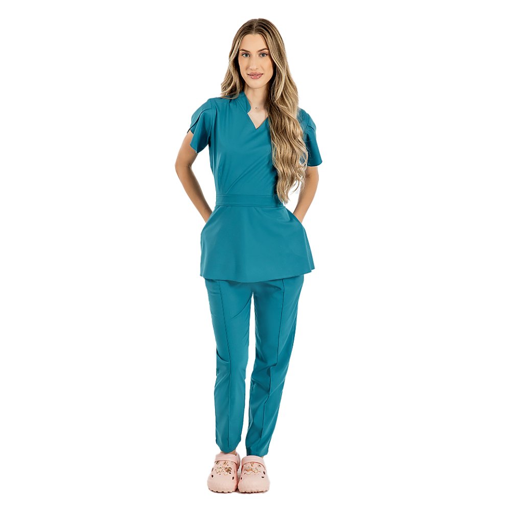 Costum medical stretch Alina, culoare aqua, bluza cu cordon si pantaloni cu snur si elastic