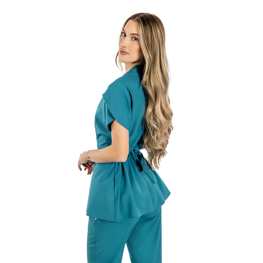 Costum medical stretch Alina, culoare aqua, bluza cu cordon si pantaloni cu snur si elastic