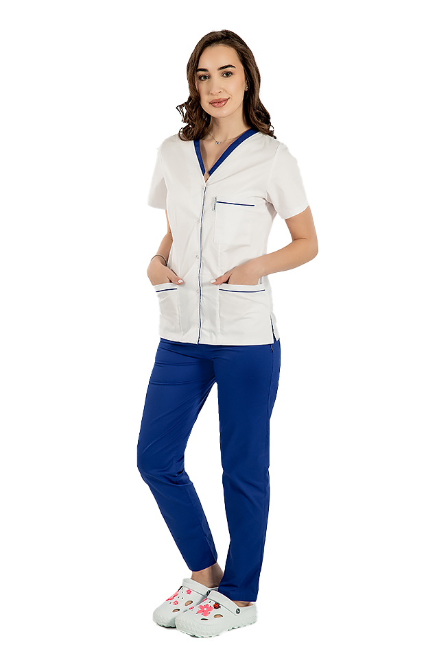 Halat medical cu elastan alb cu paspol albastru, capse si trei buzunare aplicate