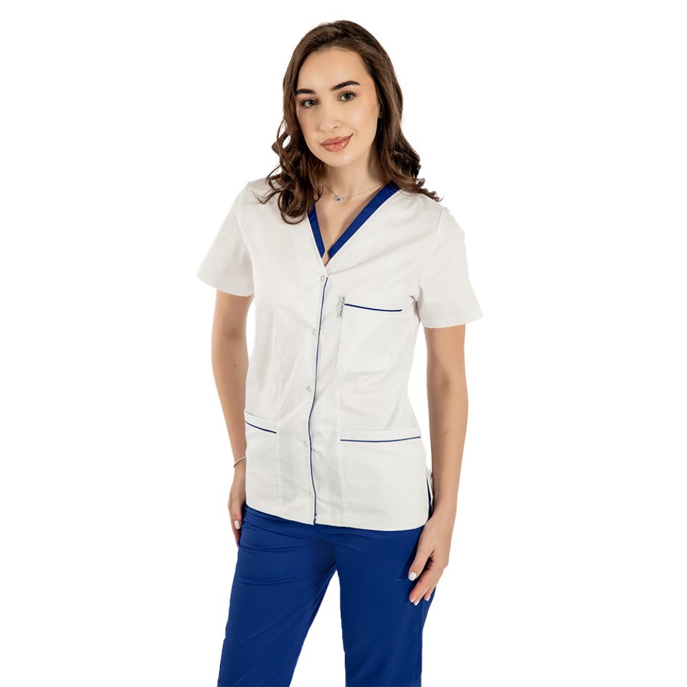 Halat medical cu elastan alb cu paspol albastru, capse si trei buzunare aplicate