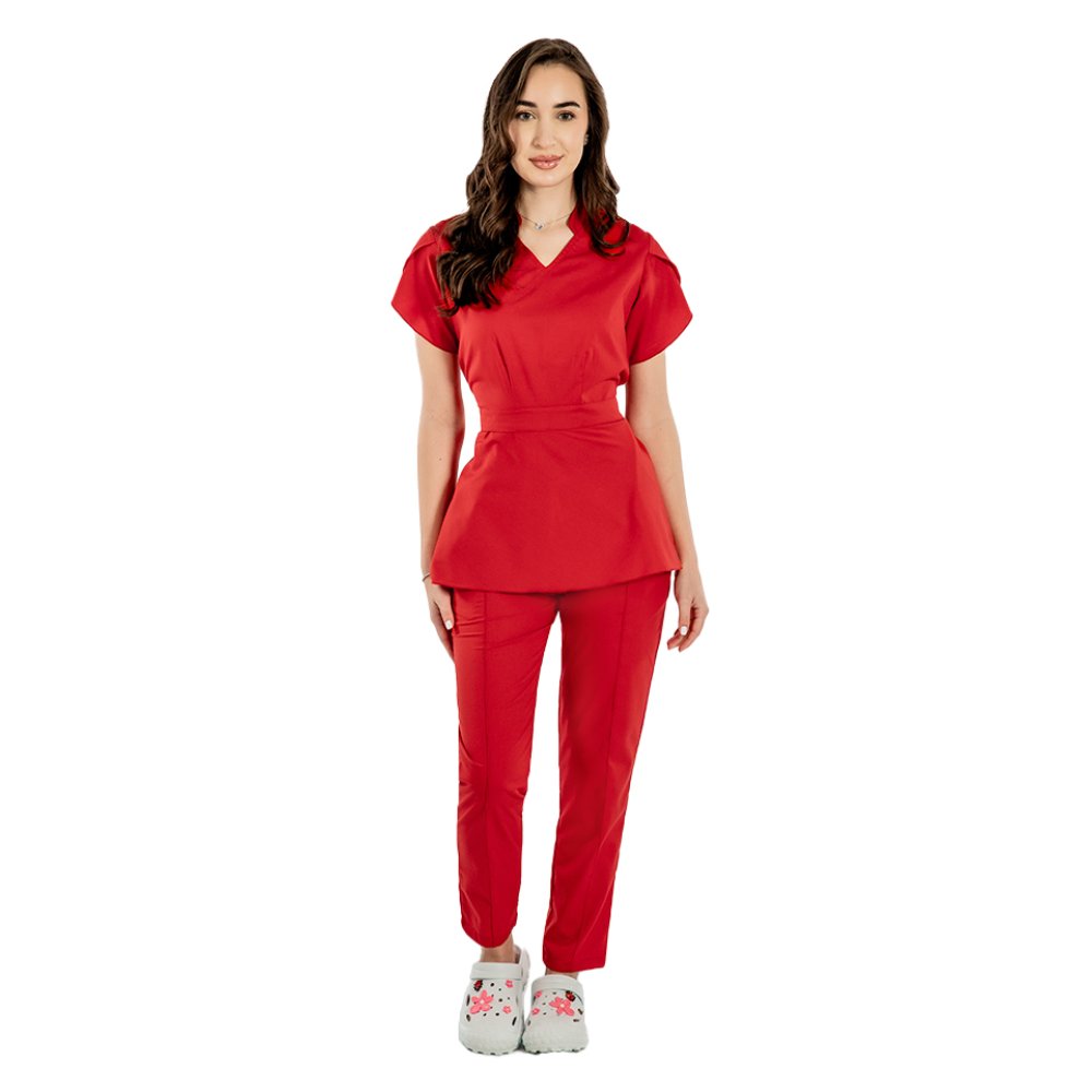 Costum medical stretch Alina, culoare rosu, bluza cu cordon si pantaloni cu snur si elastic
