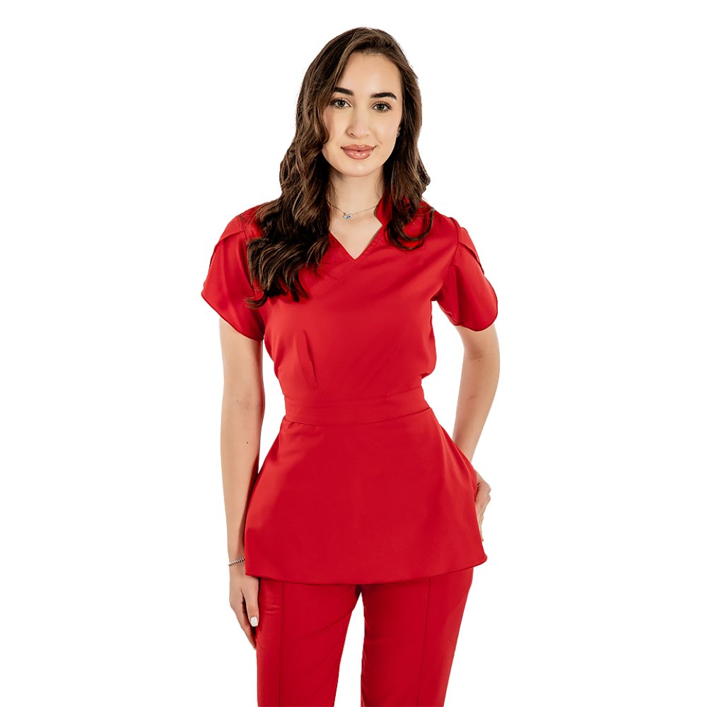 Costum medical stretch Alina, culoare rosu, bluza cu cordon si pantaloni cu snur si elastic