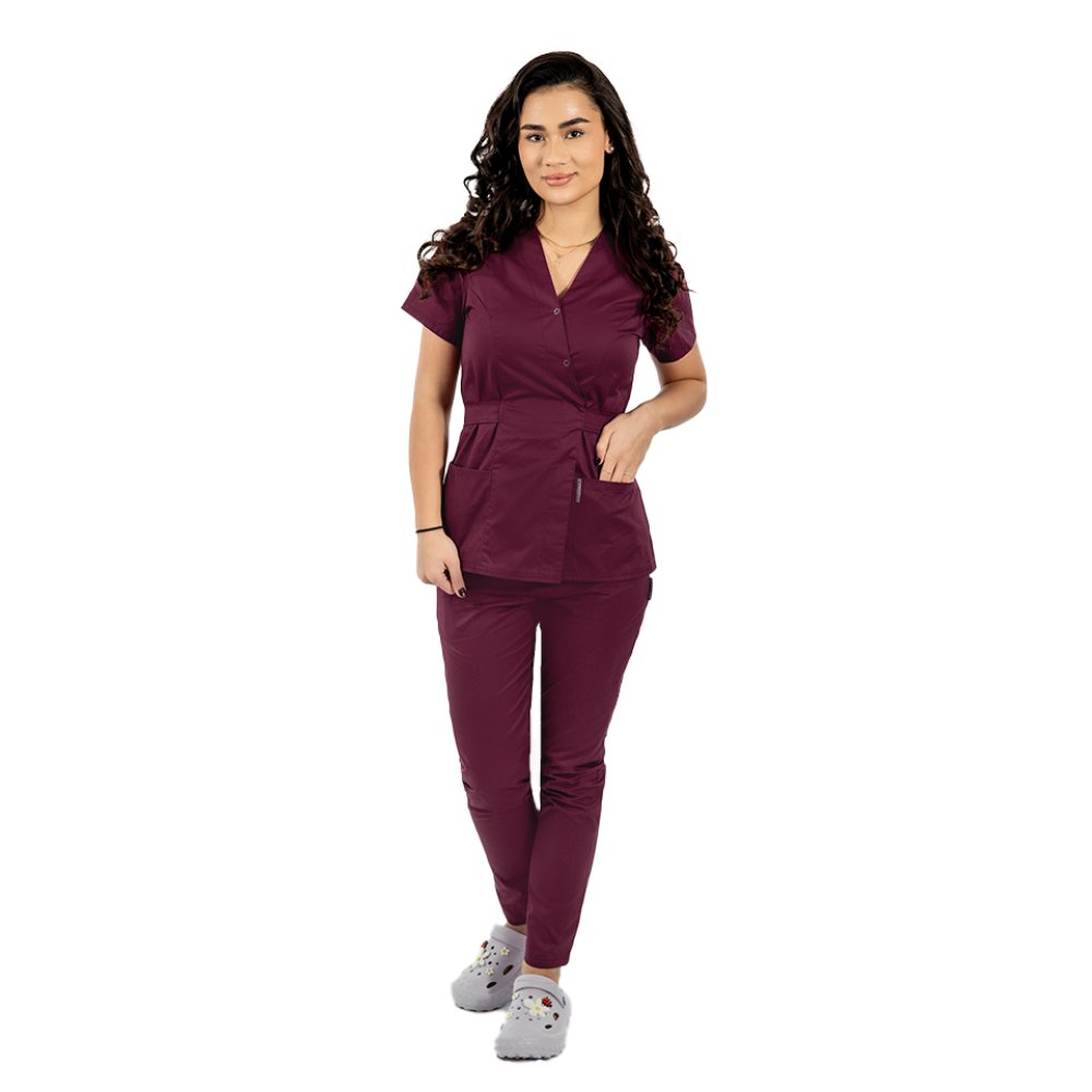 Costum medical visina, cu bluza tip kimono si pantaloni visina cu elastic