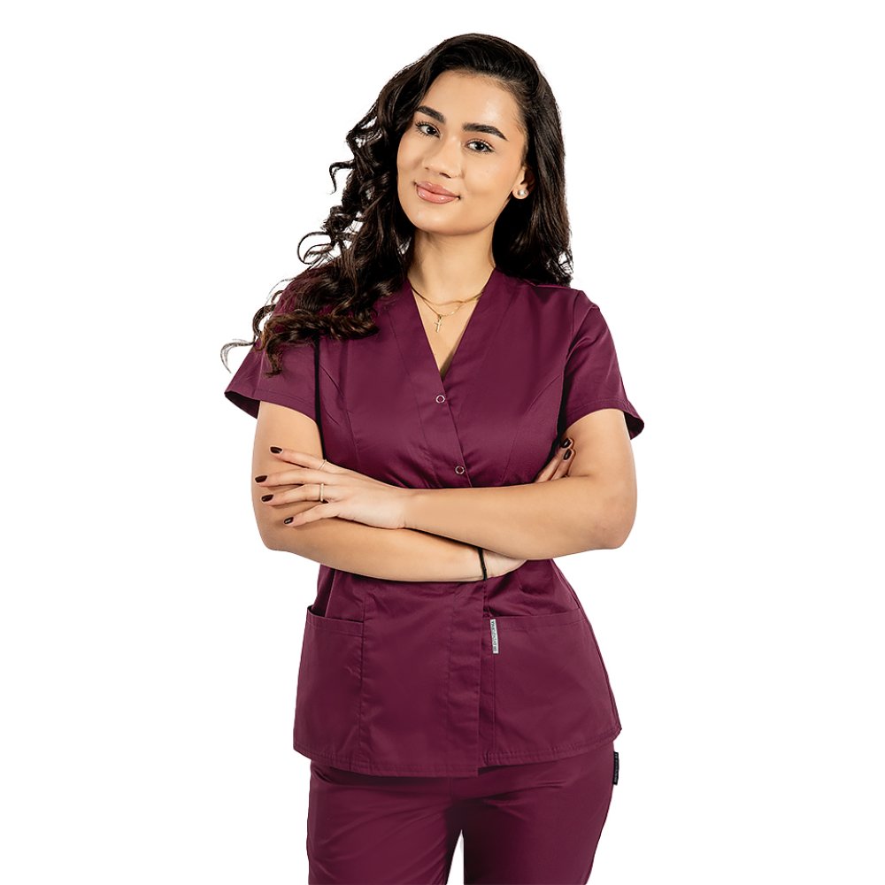 Costum medical visina, cu bluza tip kimono si pantaloni visina cu elastic
