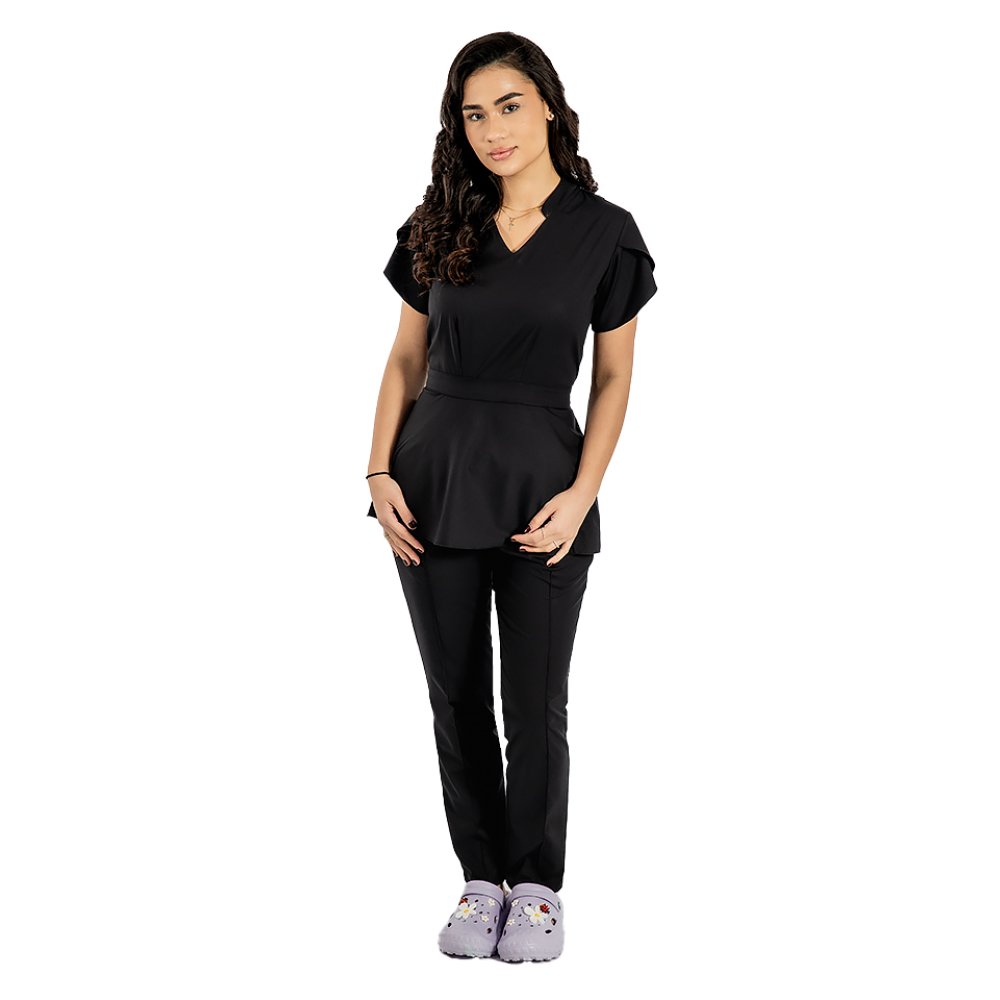 Costum medical stretch Alina, culoare negru, bluza cu cordon si pantaloni cu snur si elastic