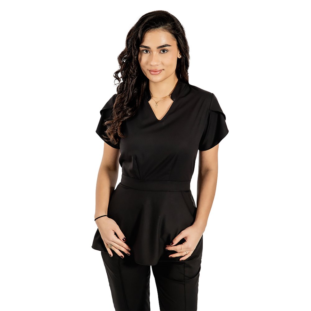 Costum medical stretch Alina, culoare negru, bluza cu cordon si pantaloni cu snur si elastic
