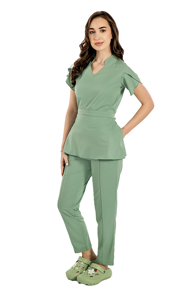 Costum medical stretch Alina, culoare olive, bluza cu cordon si pantaloni cu snur si elastic