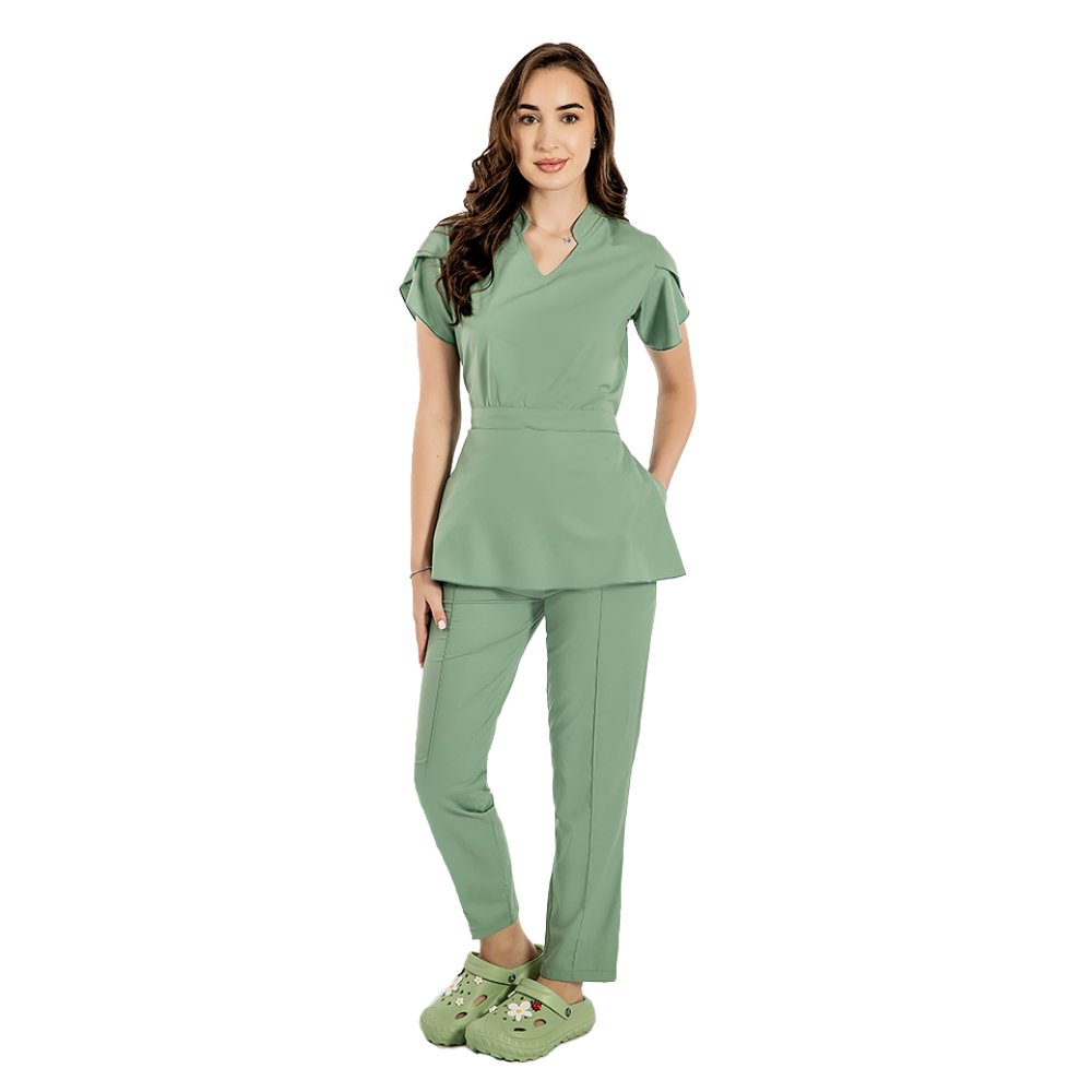 Costum medical stretch Alina, culoare olive, bluza cu cordon si pantaloni cu snur si elastic