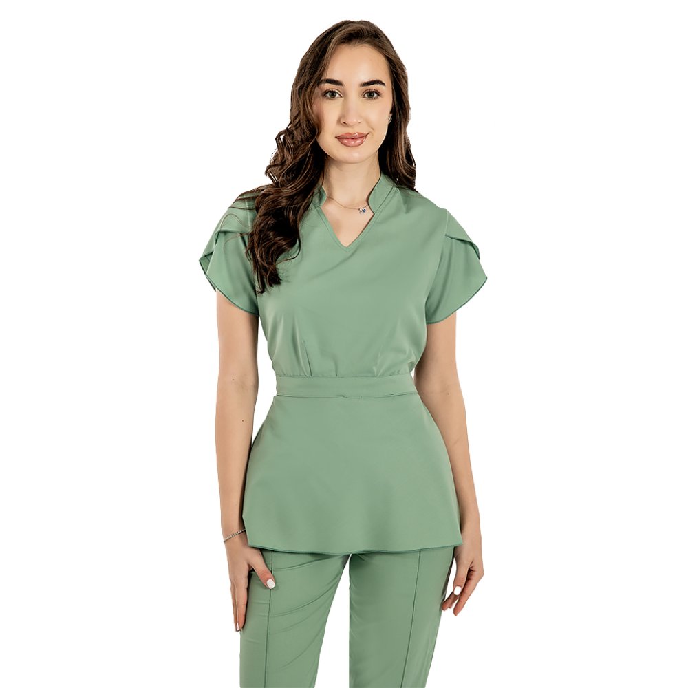 Costum medical stretch Alina, culoare olive, bluza cu cordon si pantaloni cu snur si elastic