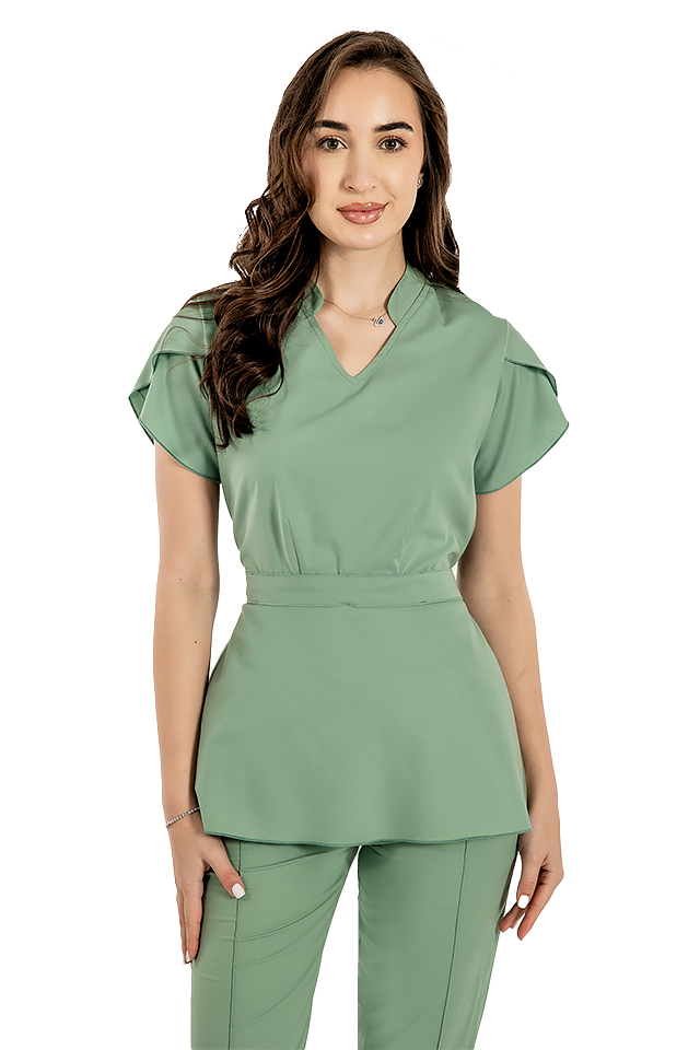 Costum medical stretch Alina, culoare olive, bluza cu cordon si pantaloni cu snur si elastic