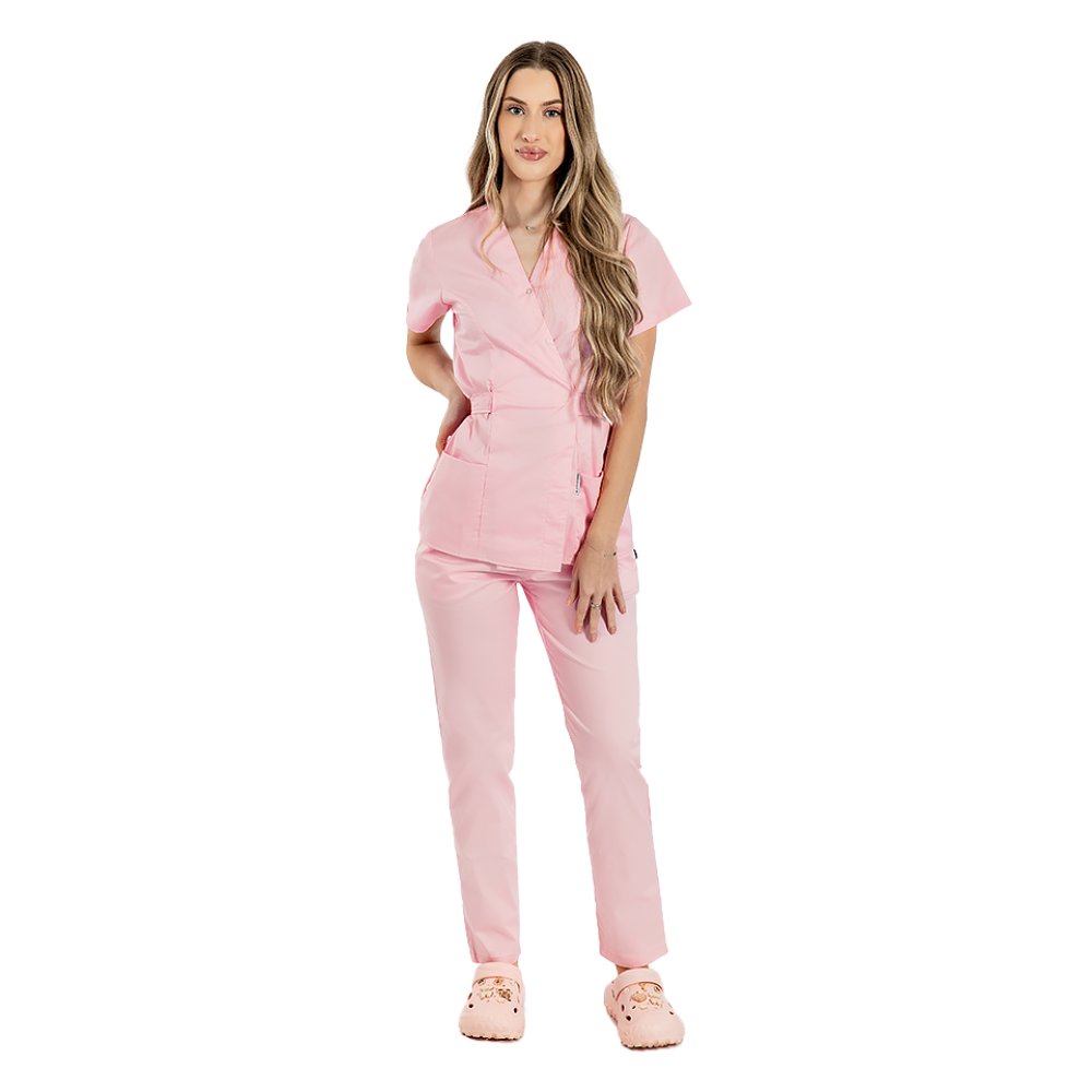 Costum medical kimono roz pal, cu elastan, bluza tip kimono si pantaloni cu snur in talie