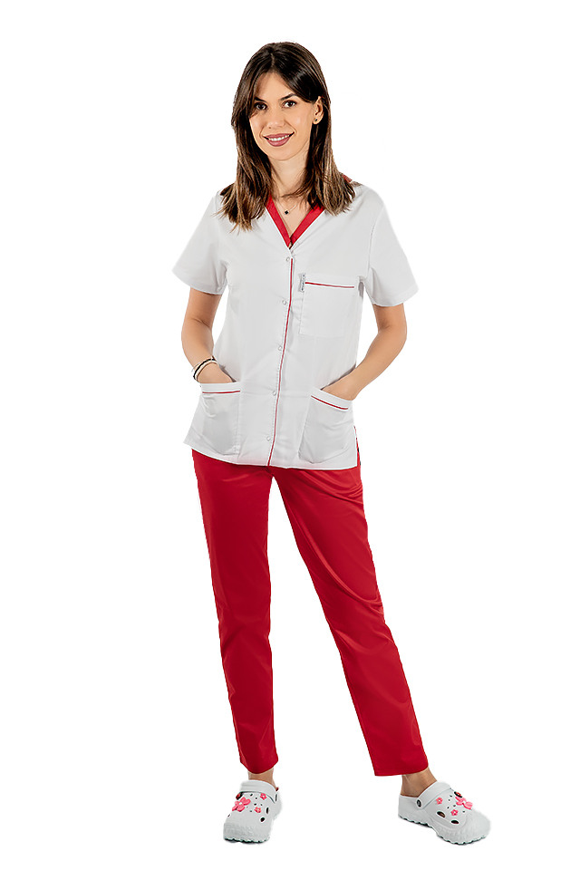 Costum medical cu elastan format din bluza alb cu paspol rosu si pantaloni rosii cu elastic