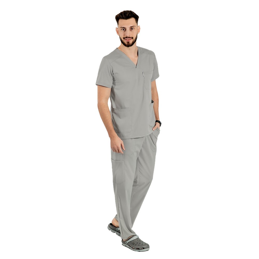 Costum medical stretch barbati gri cu bluza in V si pantaloni cu snur si elastic