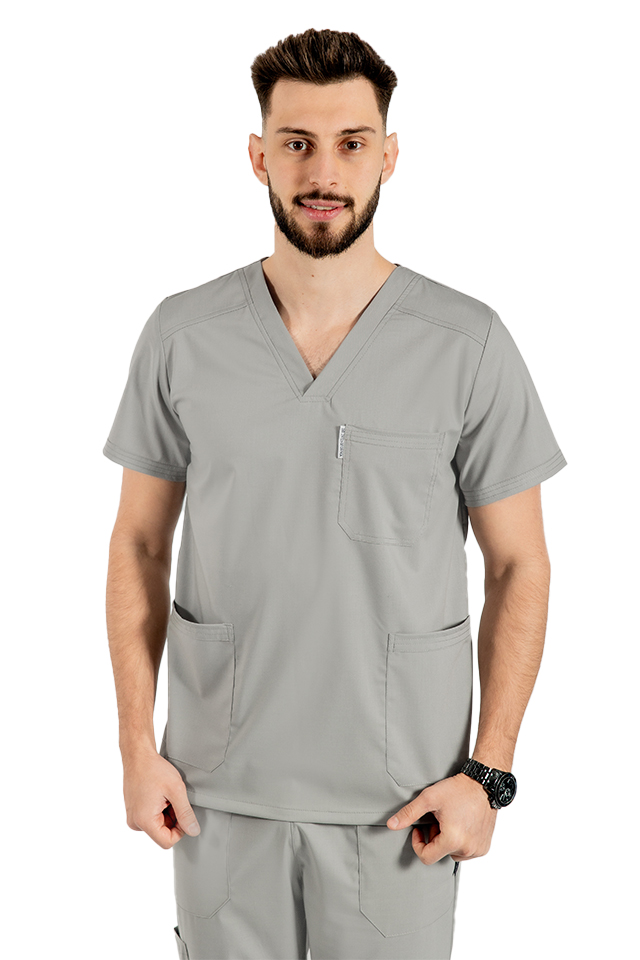 Costum medical stretch barbati gri cu bluza in V si pantaloni cu snur si elastic