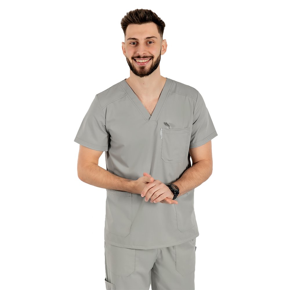 Costum medical stretch barbati gri cu bluza in V si pantaloni cu snur si elastic